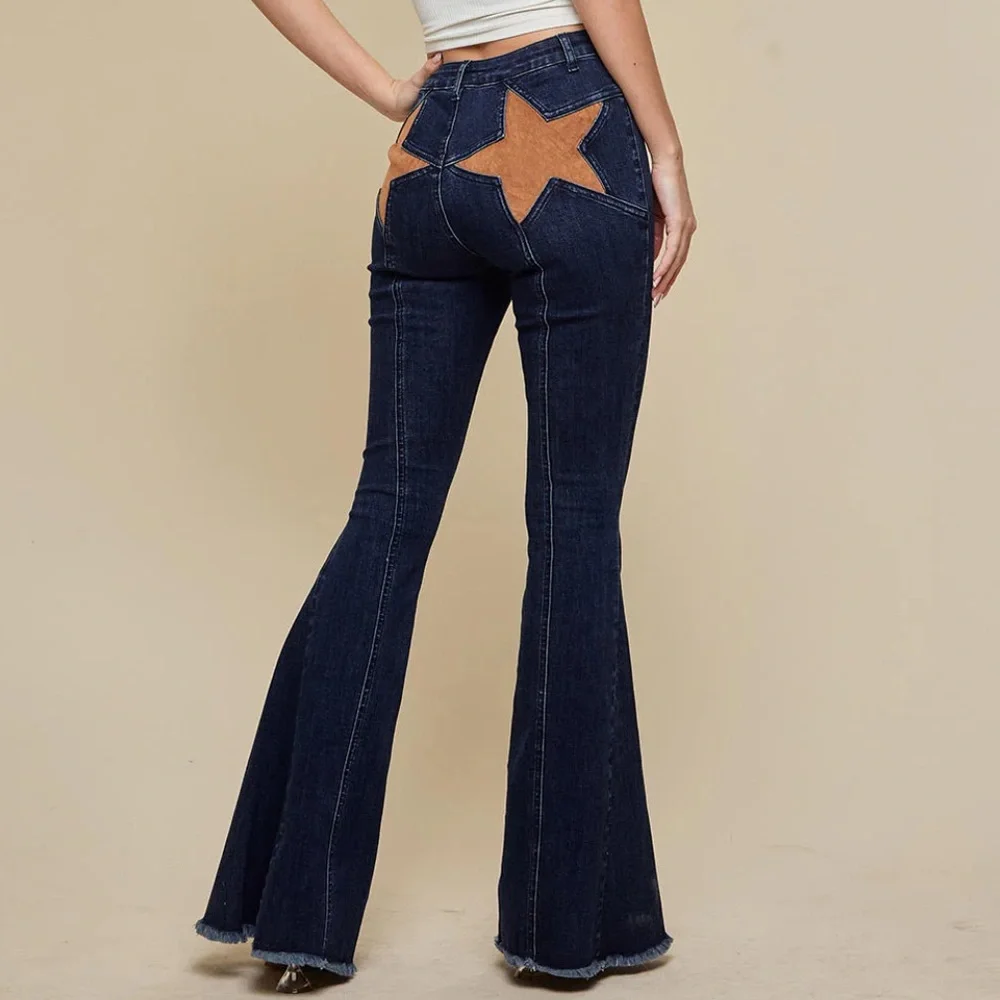 BAELEVY NWT faux dude star flare pants -blue/tan -large - Picture 2 of 10